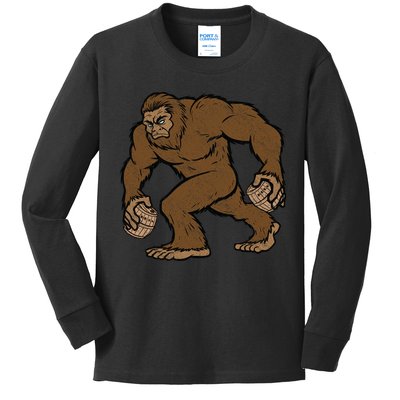 Sasquatch Bigfoot With Beer Kegs Kids Long Sleeve Shirt