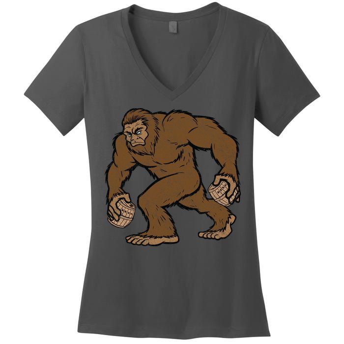 Sasquatch Bigfoot With Beer Kegs Women's V-Neck T-Shirt