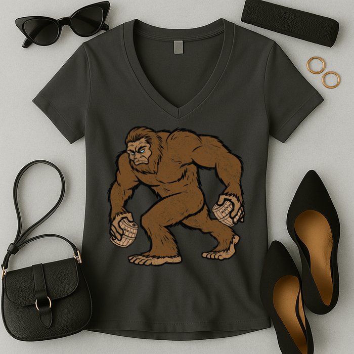 Sasquatch Bigfoot With Beer Kegs Women's V-Neck T-Shirt