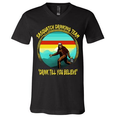 Sasquatch Drinking Team Drink Till You Believe V-Neck T-Shirt