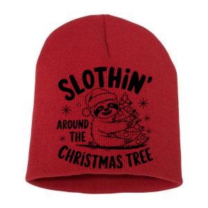 Slothing Around The Christmas Tree Funny Sloth Cute Xmas Short Acrylic Beanie