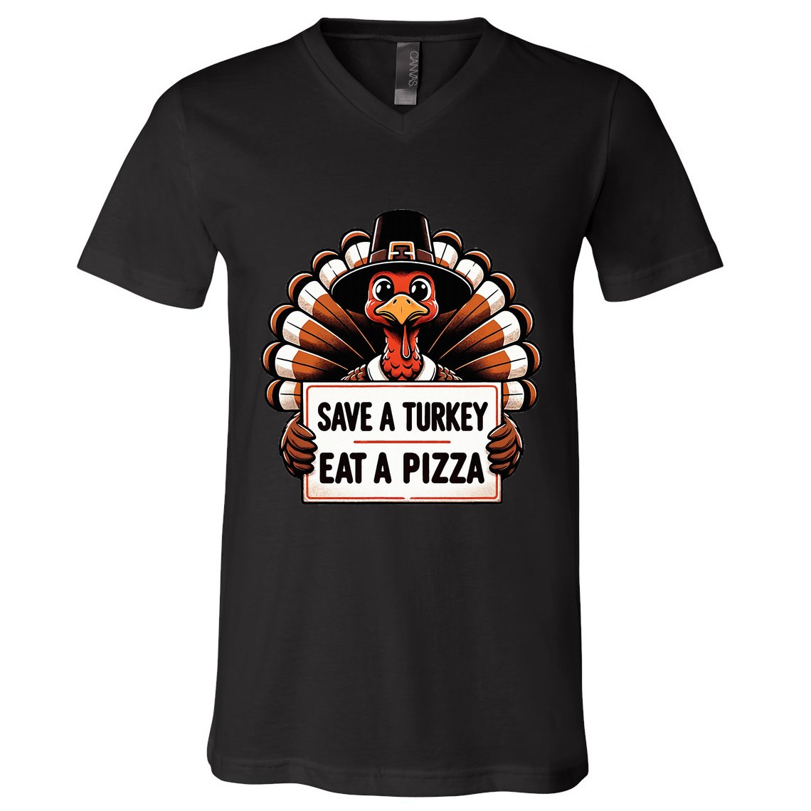 Save A Turkey Eat A Pizza Pilgrim Turkey  V-Neck T-Shirt