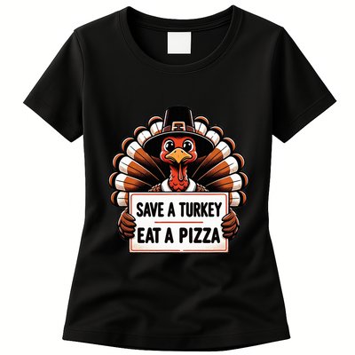 Save A Turkey Eat A Pizza Pilgrim Turkey  Womens T-Shirt