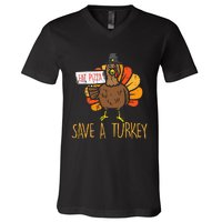 Save A Turkey Eat Pizza Funny Thanksgiving V-Neck T-Shirt