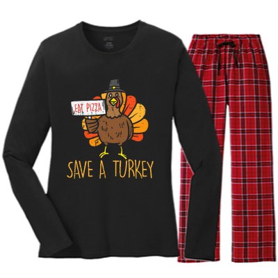 Save A Turkey Eat Pizza Funny Thanksgiving Women's Long Sleeve Flannel Pajama Set 