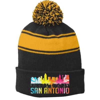 San Antonio Texas Retro Watercolor City Skyline Art Souvenir Stripe Pom Pom Beanie