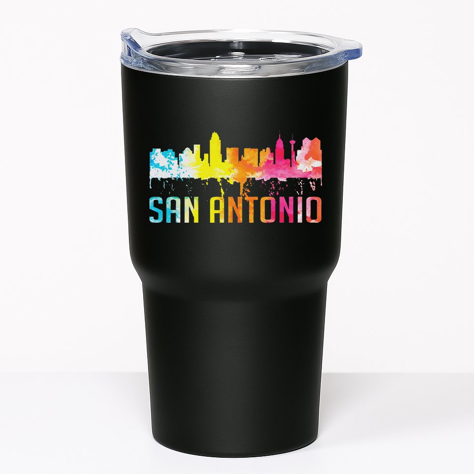 San Antonio Texas Retro Watercolor City Skyline Art Souvenir Tumbler