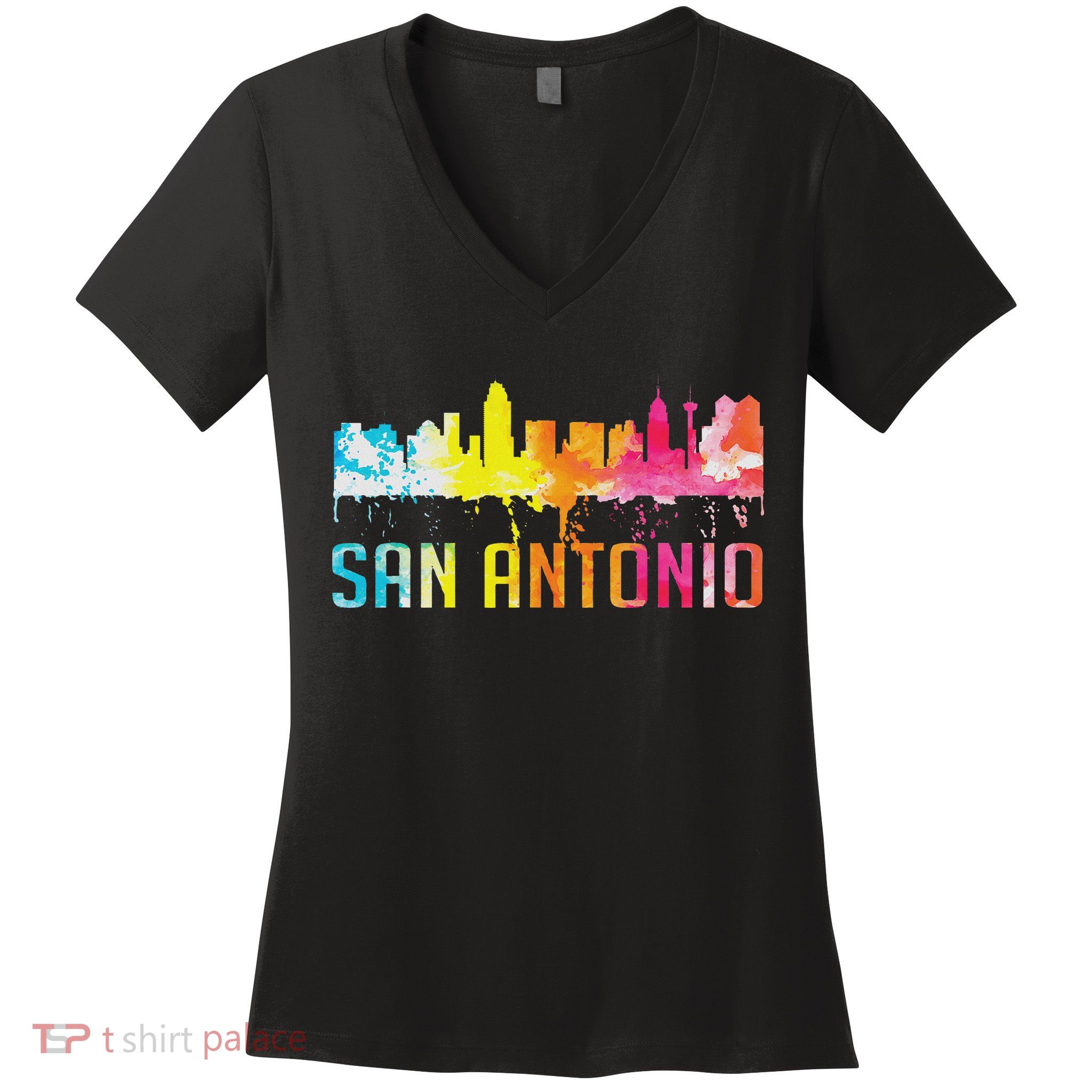 San Antonio Texas Retro Watercolor City Skyline Art Souvenir Women's V-Neck T-Shirt