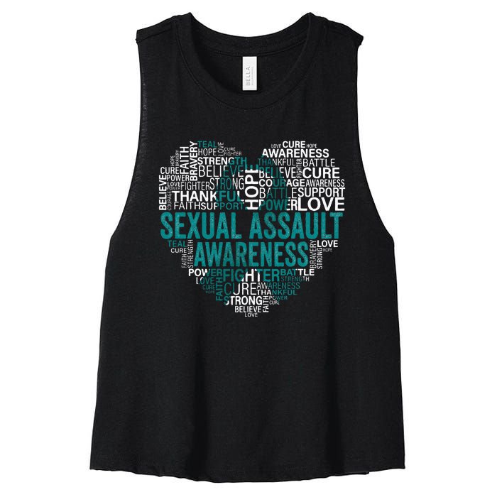 Sexual Assault Teal Ribbon Awareness Support Women's Racerback Cropped Tank