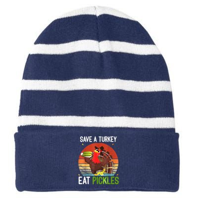 Save A Turkey Eat A Pickles Funny Thanksgiving Costume Striped Beanie with Solid Band