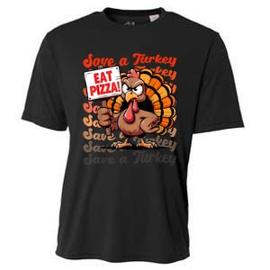 Save A Turkey Eat Pizza Funny Autumn Thanksgiving Groovy Cooling Performance Crew T-Shirt