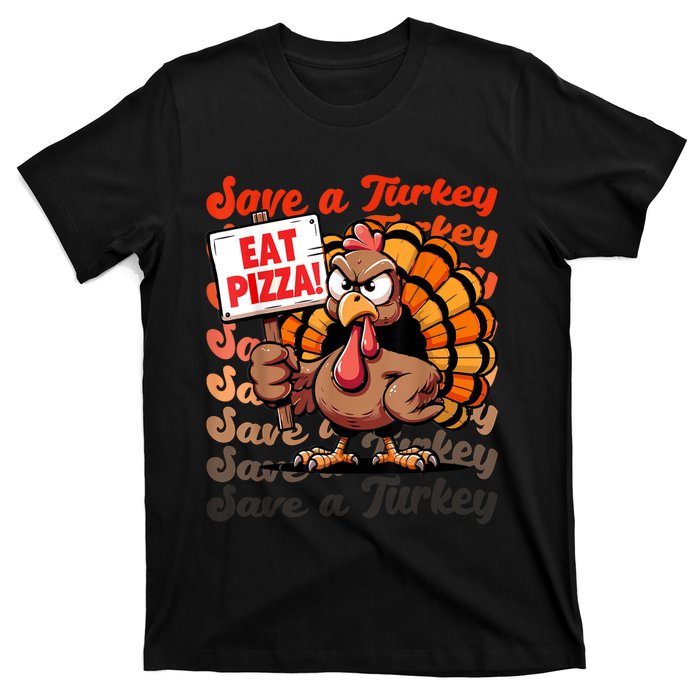 Save A Turkey Eat Pizza Funny Autumn Thanksgiving Groovy T-Shirt