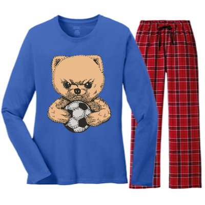 Soccer Angry Teddy Bear Cute Women's Long Sleeve Flannel Pajama Set 