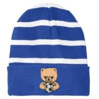 Soccer Angry Teddy Bear Cute Striped Beanie with Solid Band