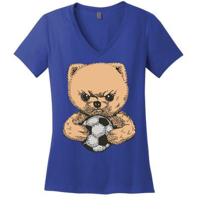 Soccer Angry Teddy Bear Cute Women's V-Neck T-Shirt