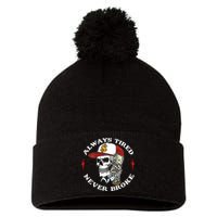 Skull Always Tired Never Broke Pom Pom 12in Knit Beanie