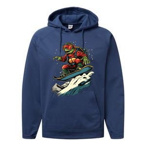 Snowboarding Animals Turtle On A Snowboard Snowboarding Gift Performance Fleece Hoodie