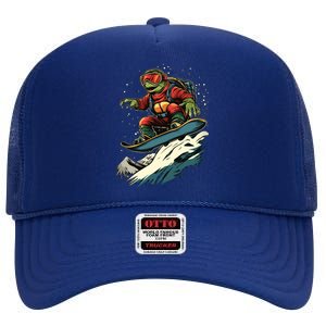 Snowboarding Animals Turtle On A Snowboard Snowboarding Gift High Crown Mesh Back Trucker Hat