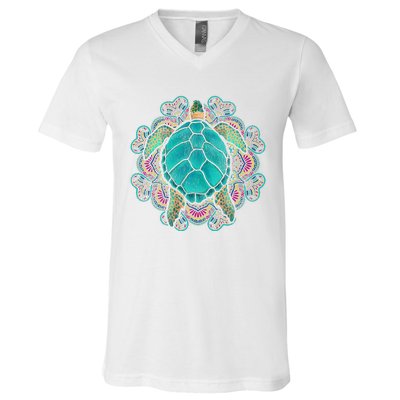 Sea Animal Turtle Lover Polynesian Tattoo Tribal Turtle V-Neck T-Shirt