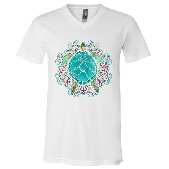 Sea Animal Turtle Lover Polynesian Tattoo Tribal Turtle V-Neck T-Shirt