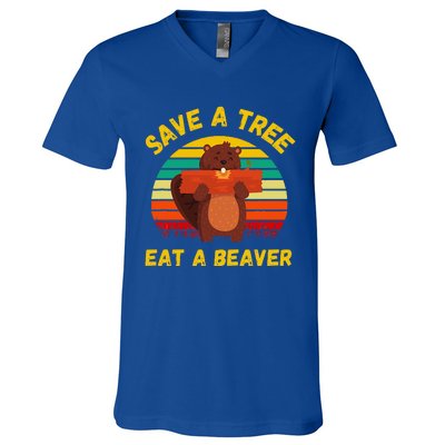 Save A Tree Eat A Beaver Funny Beaver Pun V-Neck T-Shirt