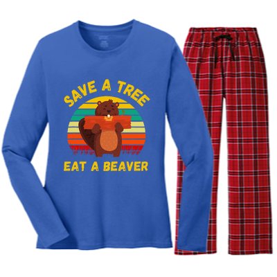 Save A Tree Eat A Beaver Funny Beaver Pun Women's Long Sleeve Flannel Pajama Set 