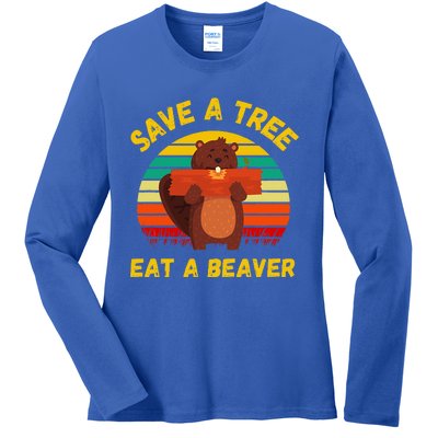 Save A Tree Eat A Beaver Funny Beaver Pun Ladies Long Sleeve Shirt