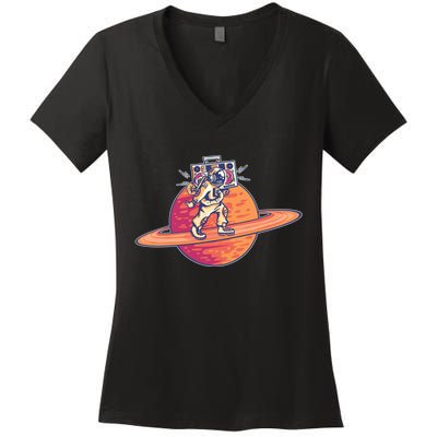 Saturn Astronaut Music Women's V-Neck T-Shirt