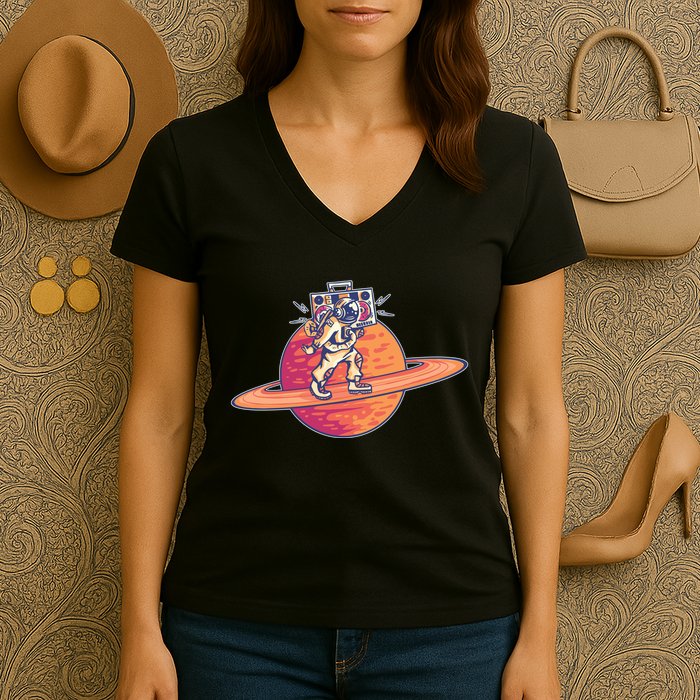 Saturn Astronaut Music Women's V-Neck T-Shirt