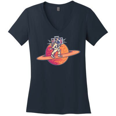 Saturn Astronaut Music Women's V-Neck T-Shirt