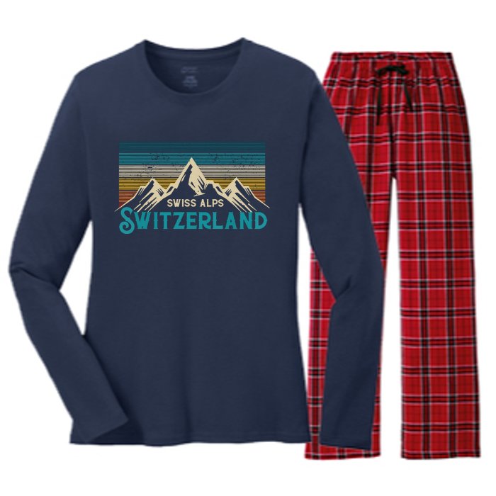 Switzerland Alps Vintage Mountains Swiss Souvenir Gift Women's Long Sleeve Flannel Pajama Set 