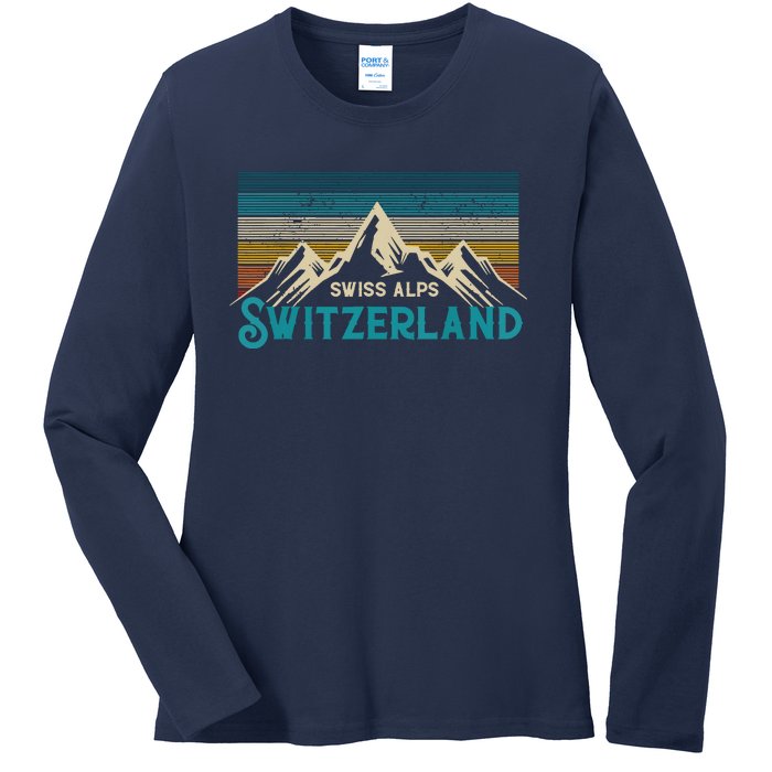 Switzerland Alps Vintage Mountains Swiss Souvenir Gift Ladies Long Sleeve Shirt