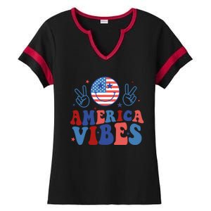 Smile America Vibes Patriotic 4th Of July Usa Flag Groovy Gift Ladies Halftime Notch Neck Tee