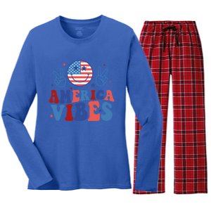 Smile America Vibes Patriotic 4th Of July Usa Flag Groovy Gift Women's Long Sleeve Flannel Pajama Set 