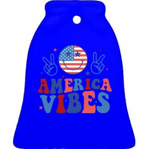 Smile America Vibes Patriotic 4th Of July Usa Flag Groovy Gift Ceramic Bell Ornament