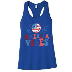 Smile America Vibes Patriotic 4th Of July Usa Flag Groovy Gift Women's Racerback Tank