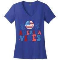 Smile America Vibes Patriotic 4th Of July Usa Flag Groovy Gift Women's V-Neck T-Shirt