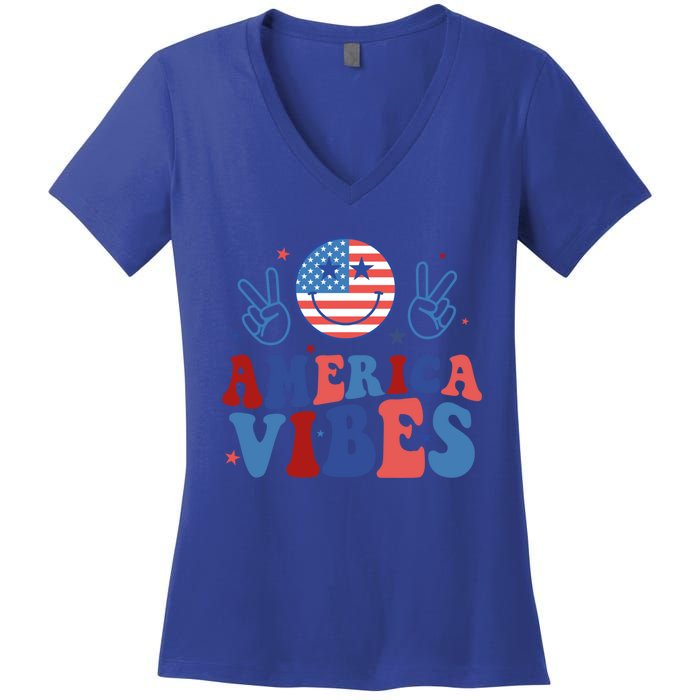 Smile America Vibes Patriotic 4th Of July Usa Flag Groovy Gift Women's V-Neck T-Shirt