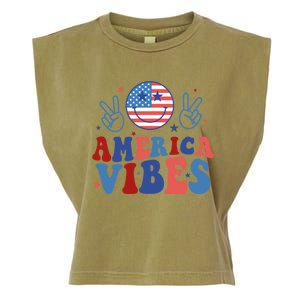 Smile America Vibes Patriotic 4th Of July Usa Flag Groovy Gift Garment-Dyed Women's Muscle Tee