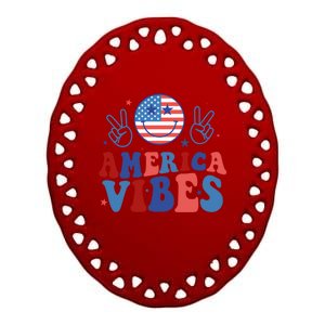 Smile America Vibes Patriotic 4th Of July Usa Flag Groovy Gift Ceramic Oval Ornament