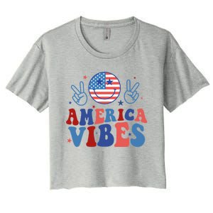 Smile America Vibes Patriotic 4th Of July Usa Flag Groovy Gift Women's Crop Top Tee