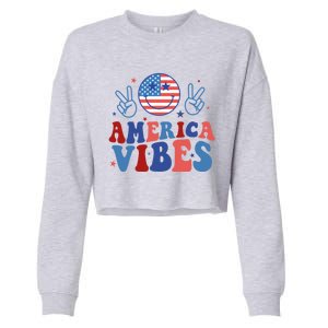 Smile America Vibes Patriotic 4th Of July Usa Flag Groovy Gift Cropped Pullover Crew