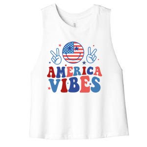 Smile America Vibes Patriotic 4th Of July Usa Flag Groovy Gift Women's Racerback Cropped Tank