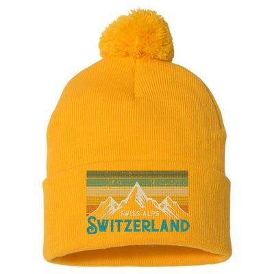 Switzerland Alps Vintage Mountains Swiss Souvenir Gift Pom Pom 12in Knit Beanie