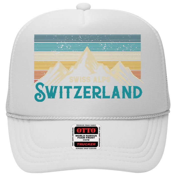 Switzerland Alps Vintage Mountains Swiss Souvenir Gift High Crown Mesh Back Trucker Hat