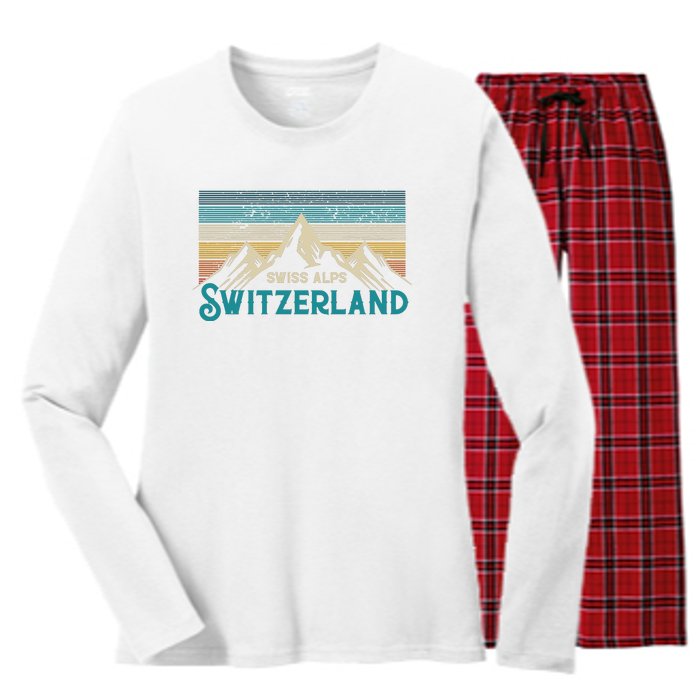 Switzerland Alps Vintage Mountains Swiss Souvenir Gift Women's Long Sleeve Flannel Pajama Set 