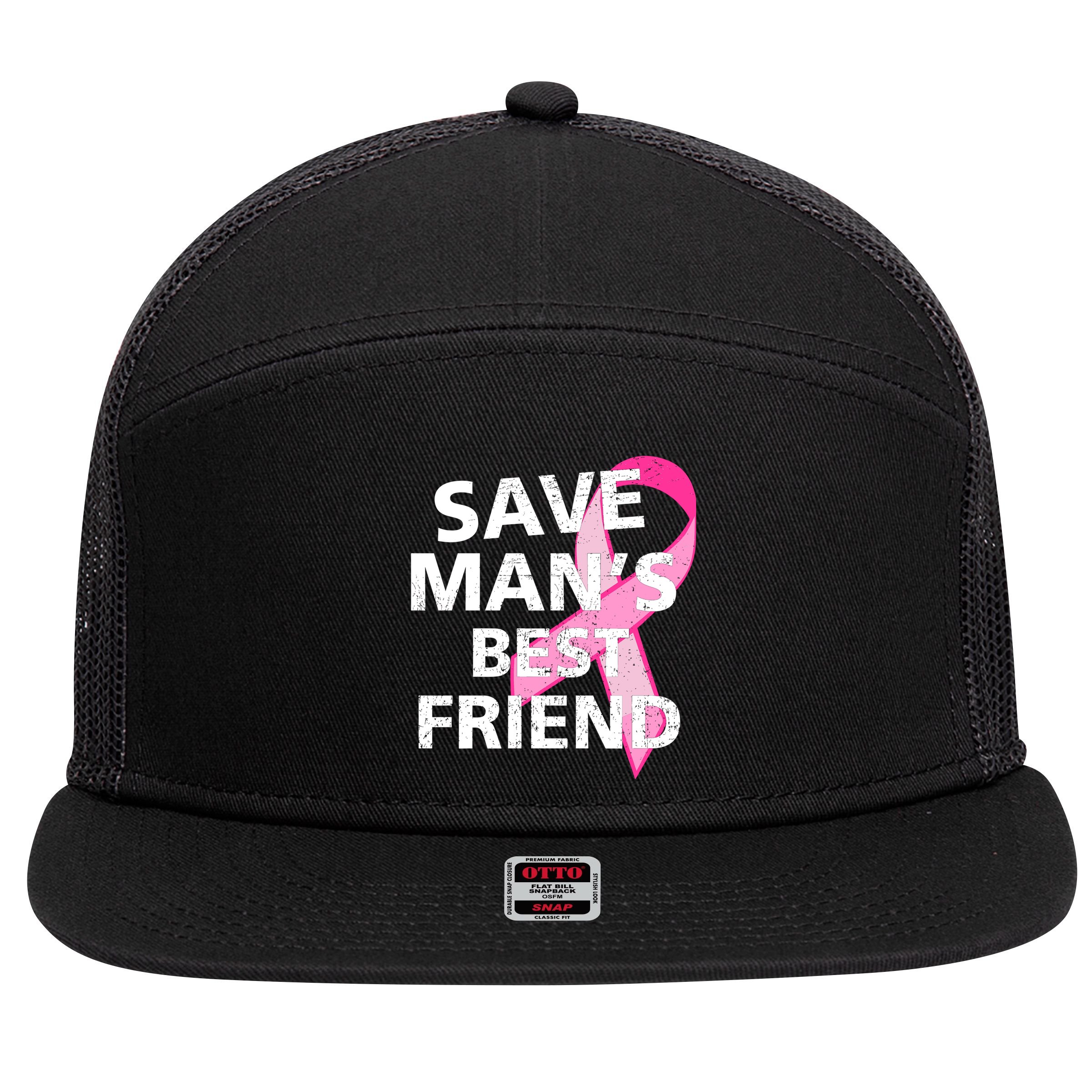 Save Man's Best Friend Breast Cancer Ribbon 7 Panel Mesh Trucker Snapback Hat