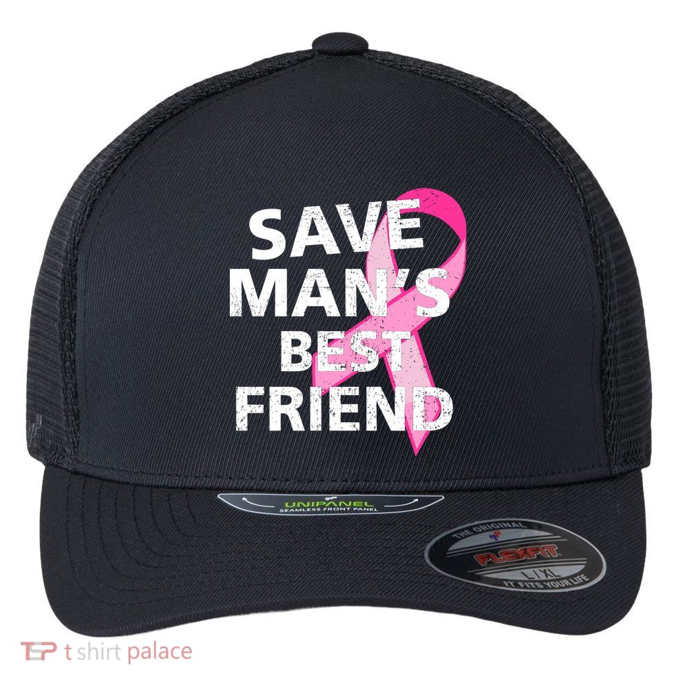 Save Man's Best Friend Breast Cancer Ribbon Flexfit Unipanel Trucker Cap