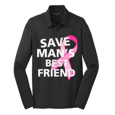 Save Man's Best Friend Breast Cancer Ribbon Silk Touch Performance Long Sleeve Polo