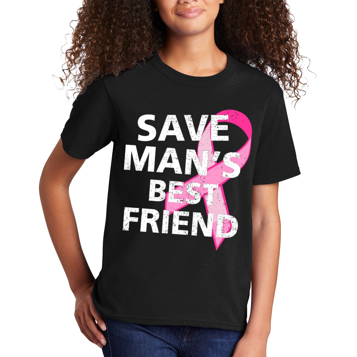 Save Man's Best Friend Breast Cancer Ribbon Kids T-Shirt